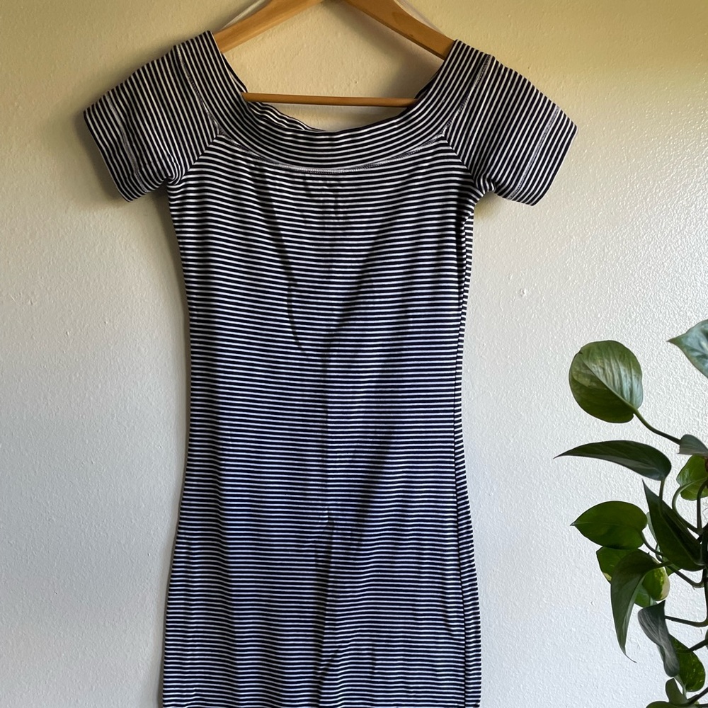 H&M L.O.G.G. Body-Con Blue and White Striped Dress Midi Length Size XS Wide Neck